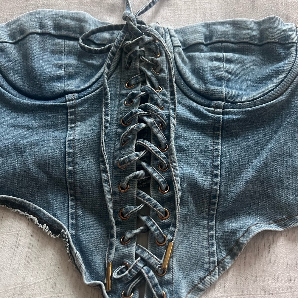 Fashion Nova Blue Lace-Up Denim Crop Top - Picture 4 of 7